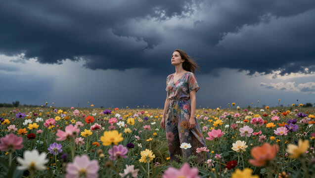 Woman stands amid vibrant wildflowers under stormy skies. Her gaze is lifted, seeking calm in nature's power. Dark clouds loom, hinting at imminent rain. Colorful blooms stretch wide beneath the sky
