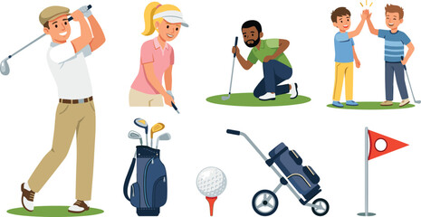 Fototapeta premium Diverse People Playing Golf Vector Character Set with Men Women and Kids Swinging Putter Club Bag Cart Ball Tee and Flag Graphic Designs