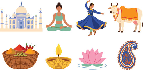 Fototapeta premium Indian Culture Vector Icon Set with Taj Mahal Palace Yoga Woman Kathak Dancer Holy Cow Spices Basket Diya Lamp Lotus and Paisley Designs
