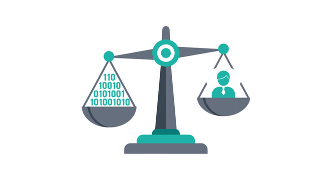 AI Ethics and Data Privacy Concept: Scales of Justice Balancing Binary Code and Human Icon Illustration