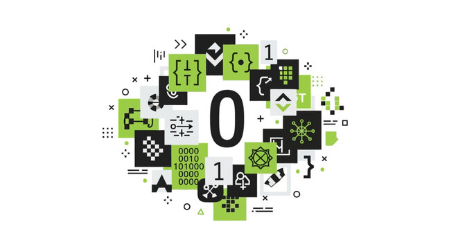 Abstract Software Development and Coding Concept Vector with Binary Code and Tech Icons on White Background