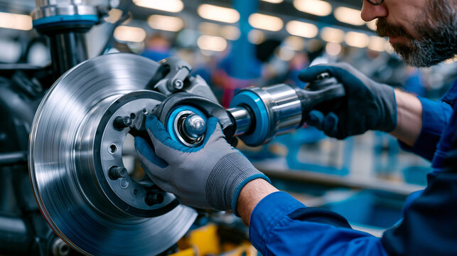 Automotive suspension component assembly worker installing precision ball joint into knuckle forging on vehicle chassis line, mechanical assembly manufacturing floor, quality verification station .u