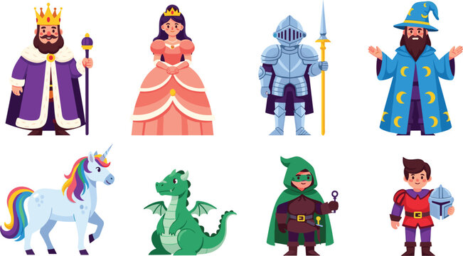 Medieval Fairytale Character Vector Collection Featuring King Queen Knight Wizard Unicorn Dragon Thief and Young Prince for Fantasy Storybook Designs