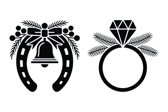 Set of black and white vector icons with horseshoe and diamond ring ornaments