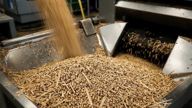 Medium framing of pelletized bagasse fibers being collected and prepared for packaging emphasizing uniform texture and industrial handling for composite use