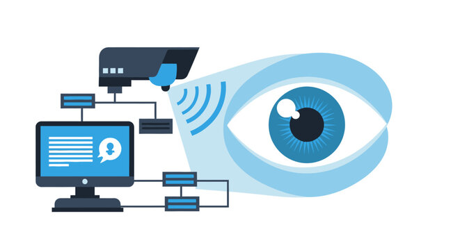 Biometric Eye Tracking and Digital Surveillance Concept Illustration. Security Camera Scanning Human Eye for Artificial Intelligence Facial Recognition and Data Monitoring.
