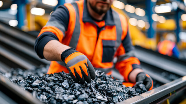 Circular economy manufacturing engineer sorting recovered polymer granules at material reclaim station, closed loop production facility, industrial waste reduction sustainable operations workflow .u