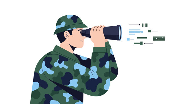 Soldier Looking Through Binoculars with Data Analysis Icons Illustration - Strategic Military Surveillance and Business Intelligence Concept
