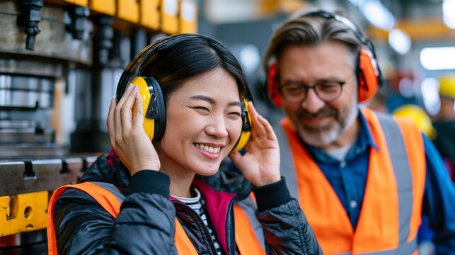 Factory floor hearing protection technician demonstrates proper ear defender fitting to new assembly worker beside deafening stamping press machinery, industrial noise hazard safety training program