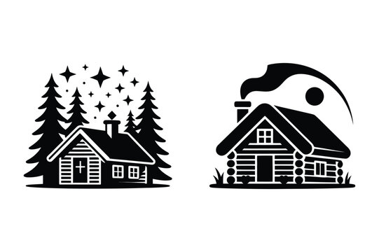 Cozy winter cabin in forest and mountain chalet vector icons with mountain, landscape