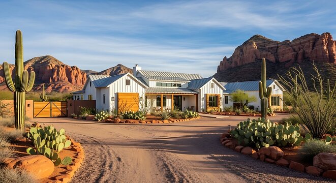 Modern Farmhouse Estate in Arizona Desert Landscape with Red Rock Mountains. arizona real estate