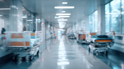 Obraz premium Blurred view of bright hospital corridor with hospital beds, trolleys and equipment. Clean and sterile environment with natural light. 