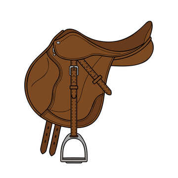 Brown horse saddle with silver stirrup Vector, illustration