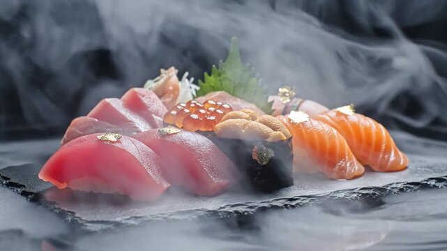 Assorted nigiri sushi including tuna, salmon, and sea urchin topped with edible gold leaf, served on a black slate platter with flowing dry ice smoke on a black background.