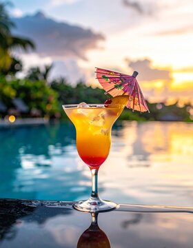C&oacute;ctel tropical colorido junto a piscina infinita, hotel de lujo, sombrilla elegante, reflejos del agua, ambiente vacacional exclusivo, fotograf&iacute;a publicitaria premium, enfoque selectivo, luz natural 