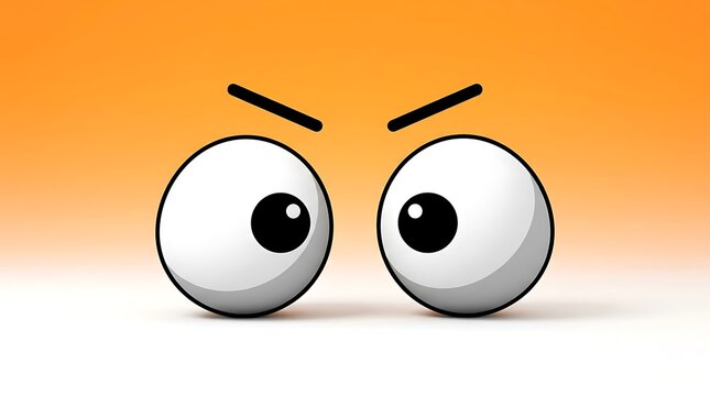Two cartoon eyes with eyebrows are looking down on a white surface with orange background