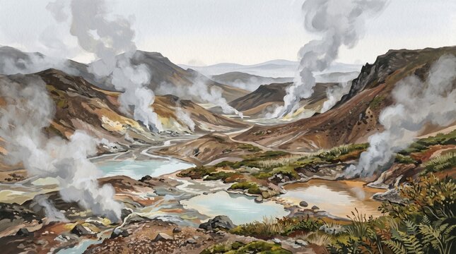 Geothermal Landscape with Steam Vents and Pools &ndash; Volcanic Activity