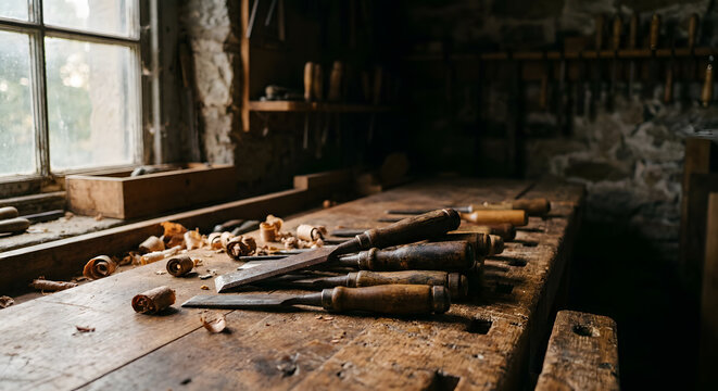 Vintage wood chisels and shavings on rustic workbench in workshop