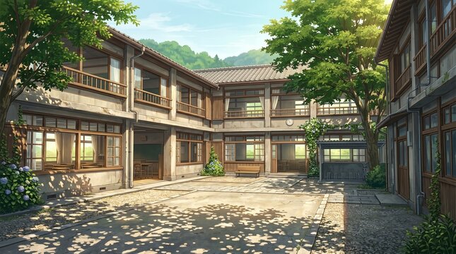 Courtyard of a Traditional Japanese School Building on a Sunny Day