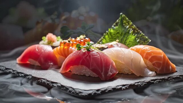 Assorted sushi platter featuring tuna, salmon, and white fish nigiri with salmon roe and gold leaf on a black stone board surrounded by dry ice smoke against a dark backdrop.