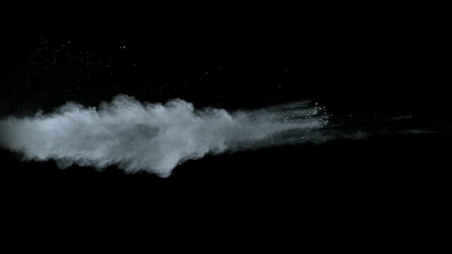 Super Slow Motion Shot of Blowing White Powder Cloud Isolated on Black Background at 1000fps.