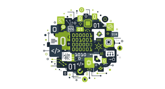 Abstract Technology and Programming Concept with Binary Code and Circuit Symbols on White Background