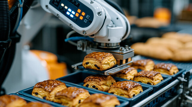 Automated food production robot arm placing individual pastries into retail packaging trays at high speed, commercial bakery manufacturing line, food processing facility hygiene operations .ultra ph