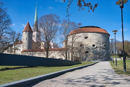 Historic Fat Margaret Tower and St Olaf Church in Tallinn Old Town