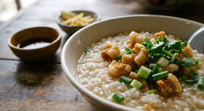 Thai rice porridge with crispy pork crackling and scallions in bowl