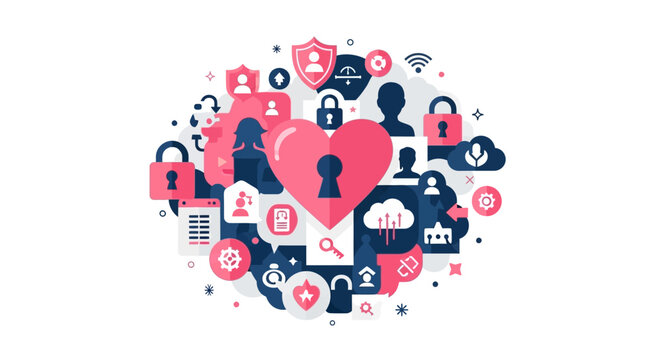 Abstract Cybersecurity and Digital Privacy Concept Illustration Featuring Heart Lock, Padlocks, and Security Icons for Personal Data Protection