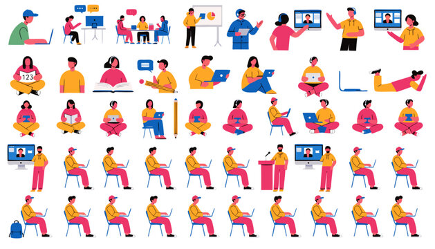 Set of diverse flat illustrations featuring remote work and digital learning activities.