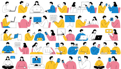 Fototapeta premium Office professionals and students busy with daily work tasks and digital device usage set.