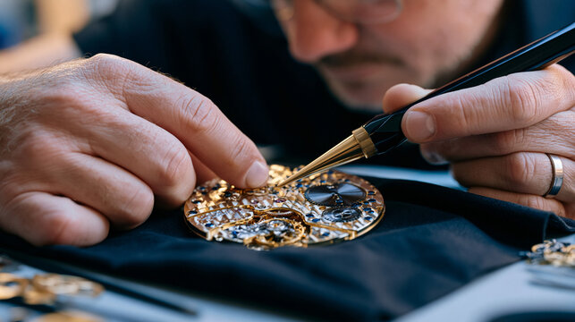 Luxury timepiece movement finishing craftsperson hand beveling brass bridge components with specialized burnishing tool, precision micro manufacturing atelier, heritage Swiss technique application .