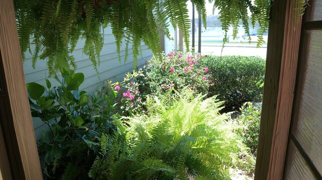 Interior view from lanai with dense ferns and flowers framing the porch, seamlessly blending with outdoor greenery, soft diffused light