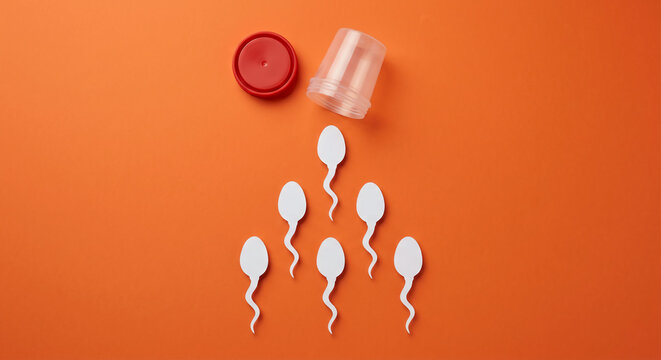 white paper sperm cutouts swim upwards toward an open medical specimen cup with a red lid, arranged on a vibrant orange background.