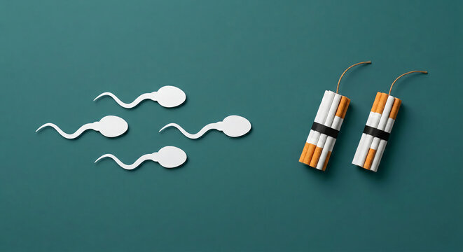 Paper sperm cells swim toward cigarette bundles wrapped like dynamite sticks on a dark green background, representing smoking's impact on fertility.
