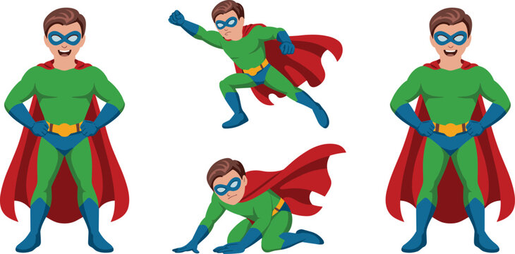 Cartoon Superhero Boy Vector Set Featuring Brave Male Hero Actions Poses Standing Flying and Crouching in Green and Red Costume for Children Graphic Design (24 words)