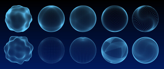 Dotted 3D sphere shapes. Futuristic network digital data globes, abstract cyber technology elements, sci-fi grid particle nodes, dynamic scientific geometric structure design set © fim.design