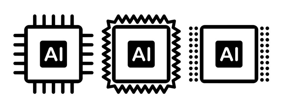 Three black and white artificial intelligence chip icons with AI label on a white background, featuring various microchip designs and patterns