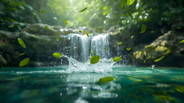 Tea leaves falling into water with waterfall background high-resolution photo