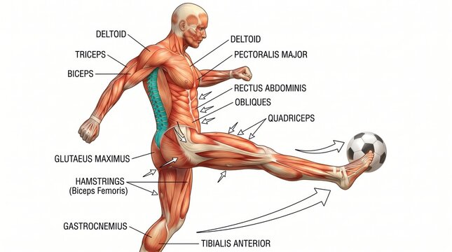 Anatomical illustration of a soccer player kicking a ball isolated on white background