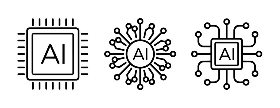 Artificial intelligence concept icons with ai chip microchip and circuit board elements on white background with black lines and minimalist design