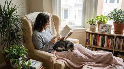 Fototapeta na wymiar Woman reading a book in a cozy armchair with a cat on her lap. Solitary leisure at home