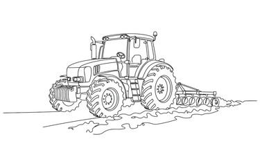 single continuous line drawing of a modern farm tractor. © GOLAPI