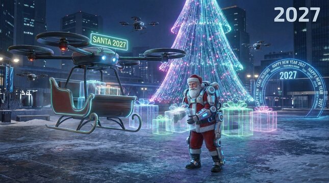 Futuristic Santa Claus in a robot suit with a drone sleigh. Cyberpunk Christmas in 2027
