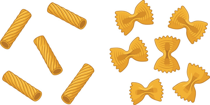 Italian pasta varieties collection with rigatoni farfalle noodles and traditional cuisine food ingredients illustration