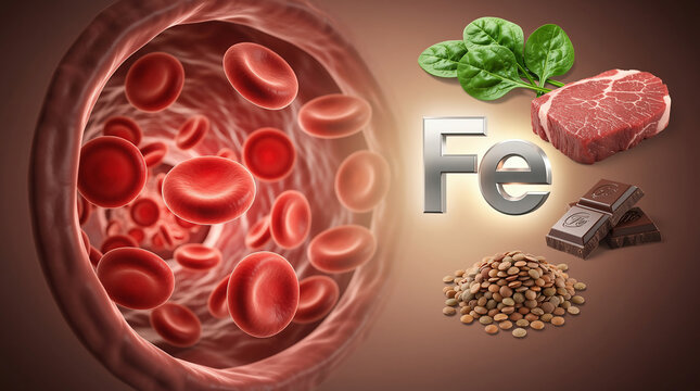Iron nutrition concept showing red blood cells, Fe symbol, spinach, beef, chocolate and grains as sources for healthy blood.