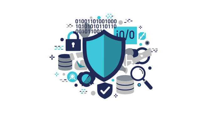 Cyber Security Concept with Shield, Lock, and Binary Code for Digital Data Protection and Network Privacy Illustration
