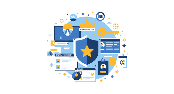 Cybersecurity and Network Protection Concept Flat Illustration with Shield, Administrator Access, and System Permissions Icons on White Background