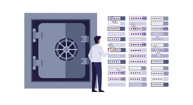 Cyber Security Concept Illustration with Man Choosing Passwords next to a Large Bank Vault for Data Protection and Digital Privacy